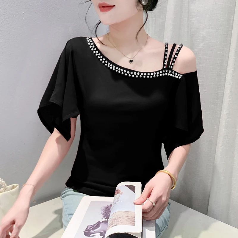 

2024 New Summer European Clothes Cotton T-Shirt Chic Sexy Off Collar Spliced Shiny Diamonds Women Tops Ruffles Sleeve Tees 46051