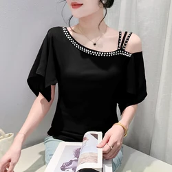 2024 New Summer European Clothes Cotton T-Shirt Chic Sexy Off Collar Spliced Shiny Diamonds Women Tops Ruffles Sleeve Tees 46051