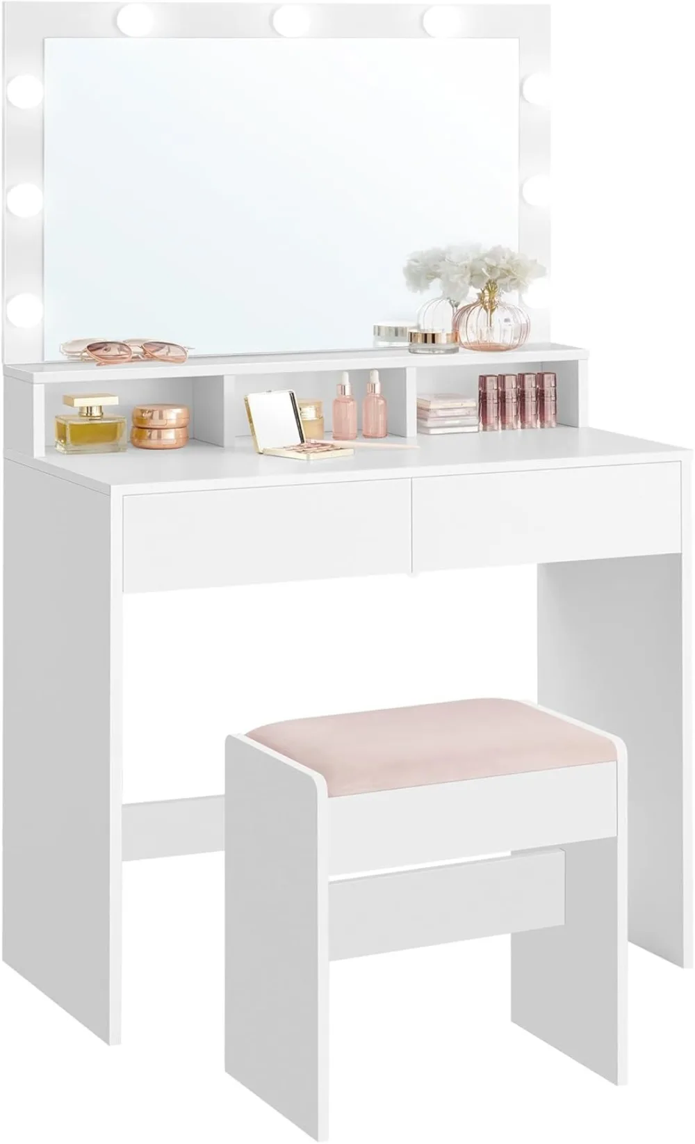 VASAGLE Vanity Desk with Mirror and Lights, Makeup Vanity with Upholstered Vanity Stool, 9 Dimmable LED Lights, 3 Compartments