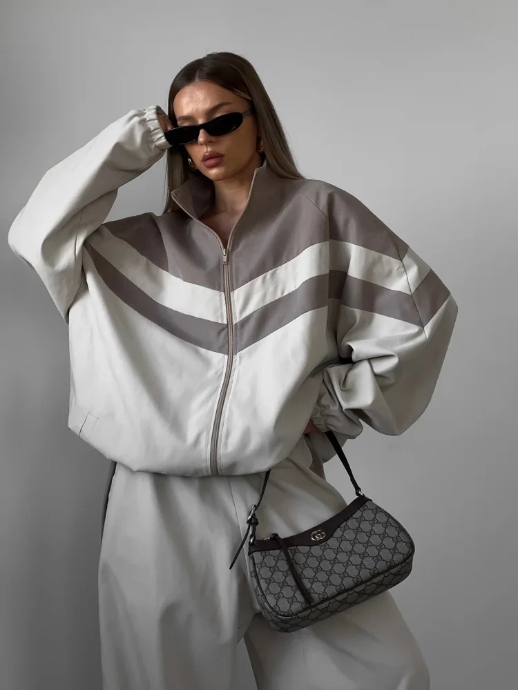 

Loose Women's Spring Autumn Sportswear Set Color Block Striped Drawstring Cotton Two-Piece Suit Casual European Style