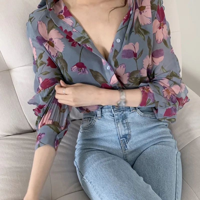 Camisas Bohemias de manga larga con botones para mujer, blusas de vestir con estampado Floral, Tops de trabajo de negocios a la moda