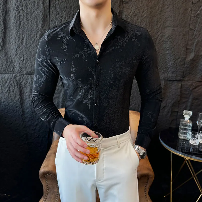 Luxury Velvet Long Sleeved Shirts for Men Autumn Winter Long Sleeve Floral Jacquard Casual Slim Shirt Social Party Tuxedo Blouse
