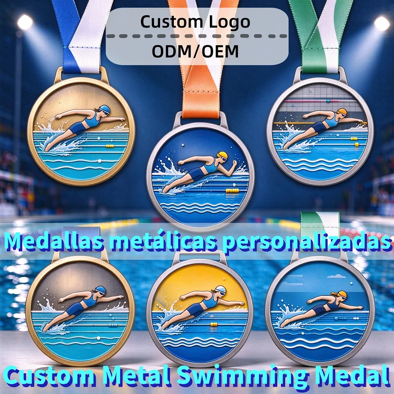 Custom Swimming Race Finisher Medallion With Printed Ribbon Antique Bronze 3D Enamel Zinc Alloy Diving Virtual Challenge Medals