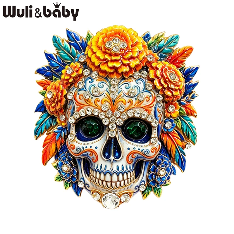 Wuli&baby Blumen-Zuckerschädel-Broschen für Damen, Unisex, 2-farbige Strass-Broschen mit schönem Skelett-Gesicht, Party, Freizeit, Broschen, Geschenke