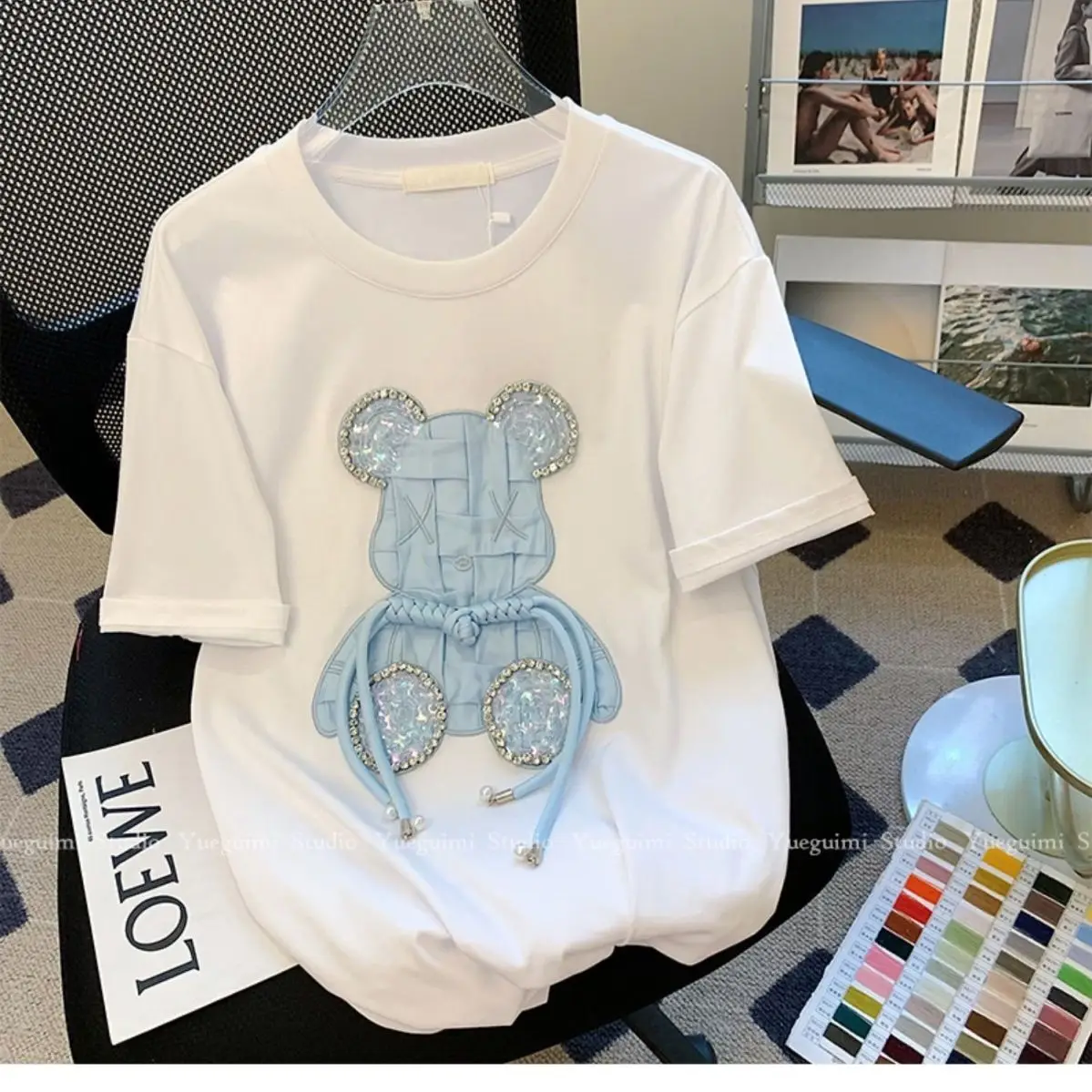 Luxury Embroidery Bear Diamond T Shirts Cute Cartoon Summer Tee Tops High Quality Cotton Short Sleeve Kawaii Clothes Korean 2023