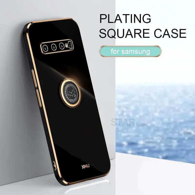 Plating Square Ring Holder Stand Phone Case On For Samsung Galaxy S10 Plus S10plus S 10 Luxury Gold Bumper Soft Silicone Cover