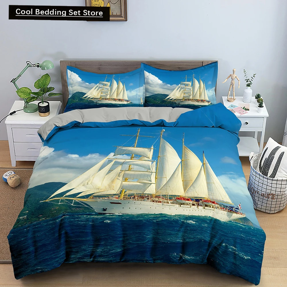 Nautical Sailboat Duvet Cover Queen King Size 3D Oil Painting Boat Style Bedding Set Ocean Soft 2/3pcs Polyester Quilt Cover