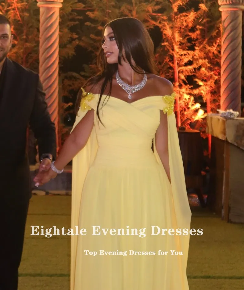 Suknie wieczorowe Eightale w stylu arabskim na przyjęcie weselne, z odkrytymi ramionami, szyte na miarę, szyfonowe, żółte, z krótkimi rękawkami, w kształcie litery A, muzułmańskie suknie balowe.