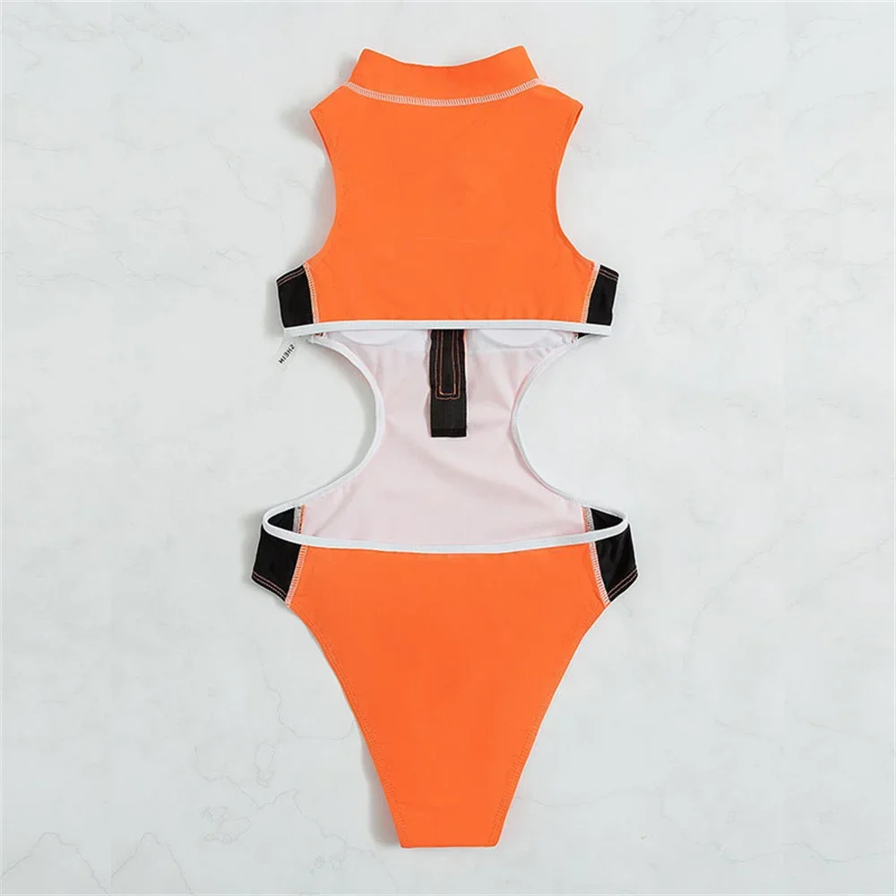 Costume da bagno sexy con cerniera cava bikini con taglio a gamba alta arancione Y2K costumi da bagno per le vacanze costume da bagno push up da donna set bikini da spiaggia