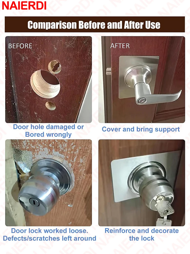 NAIERDI 1/2/4/8 PCS Door Reinforcement Plate,Stainless Steel Door Lock Repair kit,Door Handle Hole Reinforcer Door Hardware