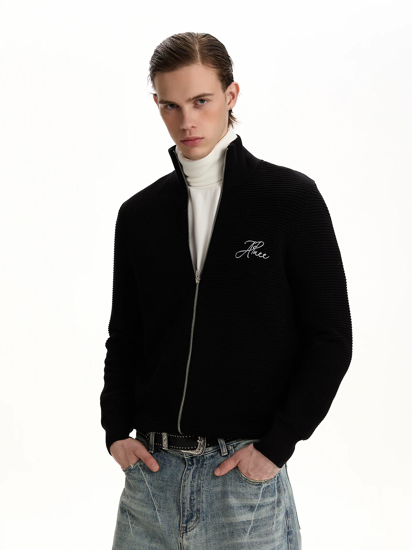 

Американский винтажный кардиган свободного кроя в стиле Cleanfit, базовый, повседневный, вязаный, с застежкой-молнией, модный, C...