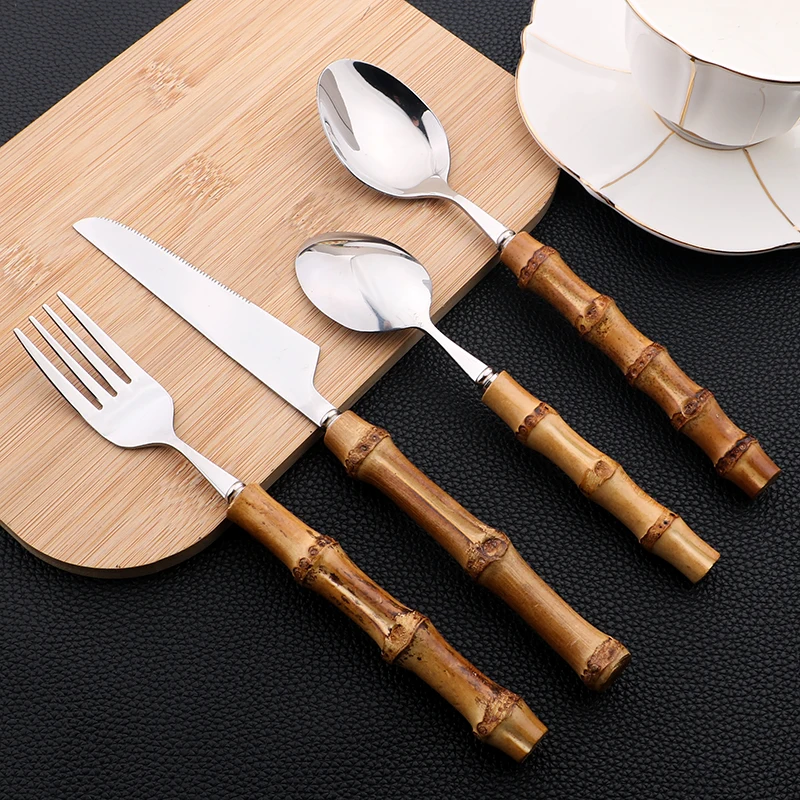 AJOYOUS Gold Cutlery Set 16/24Pcs Kitchen Mirror Stainless Steel Cutlery with Bamboo Handle Dinner Knife Fork Spoon Dinnerware