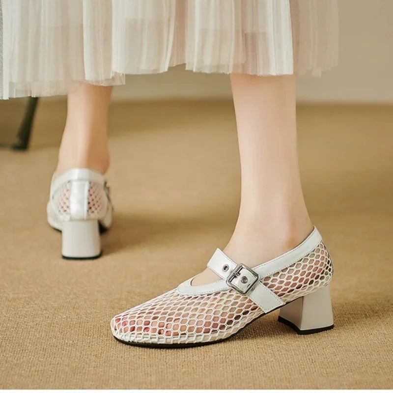 2024 Mesh Mary Jane Single Shoe Women's Summer New Round Head Line with Hollow Mesh High-heeled Sandals