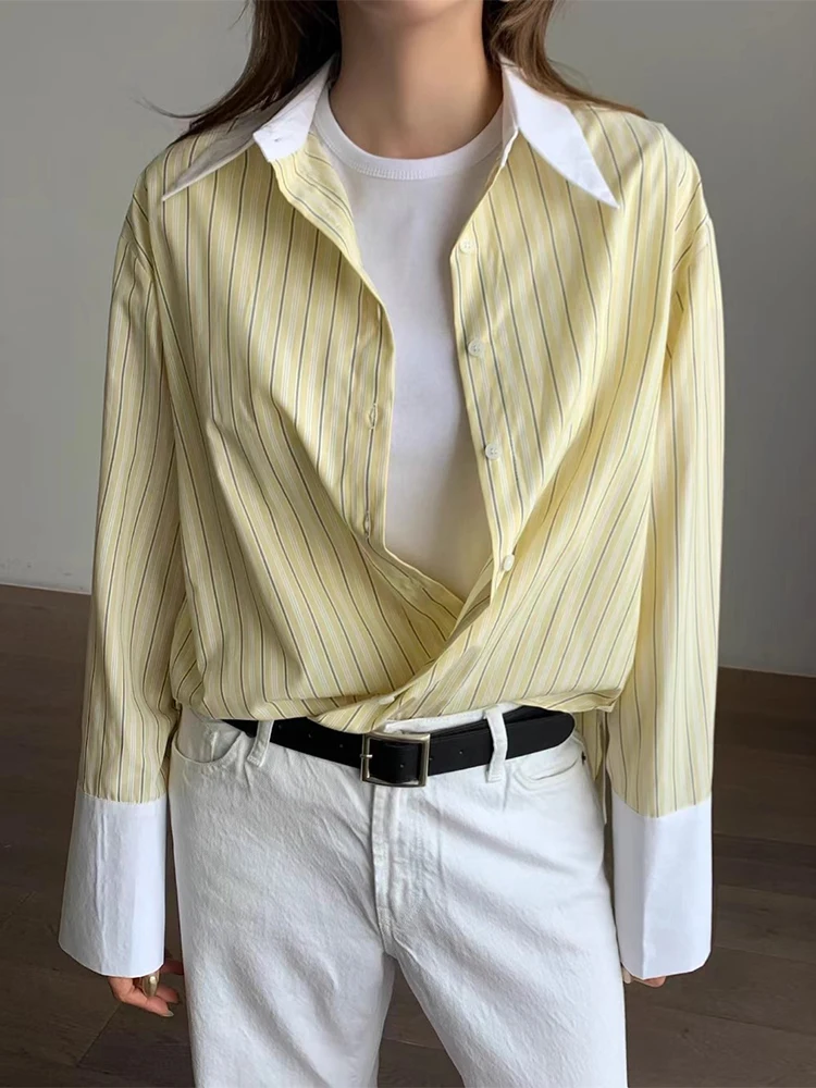 

Gagarich Korean Chic Autumn New Design Sense Splicing Contrasting Color Lapel Single Breasted Striped Long Sleeved Shirt Top