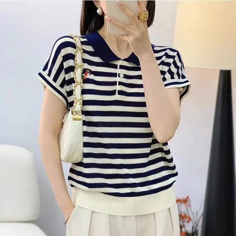 Women's Clothing Fashion Striped Knit Turn-down Collar T-shirt Summer Casual All-match Button Short Sleeve Top Tee Lady Pullover