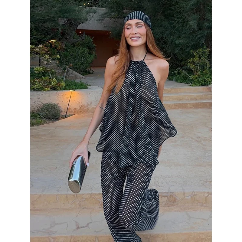 Chic Dot Print Women's Vest Trousers Suit Sleeveless Backless Halter Top Flare Pants 2 Piece Lady Holiday Beach See Through Sets