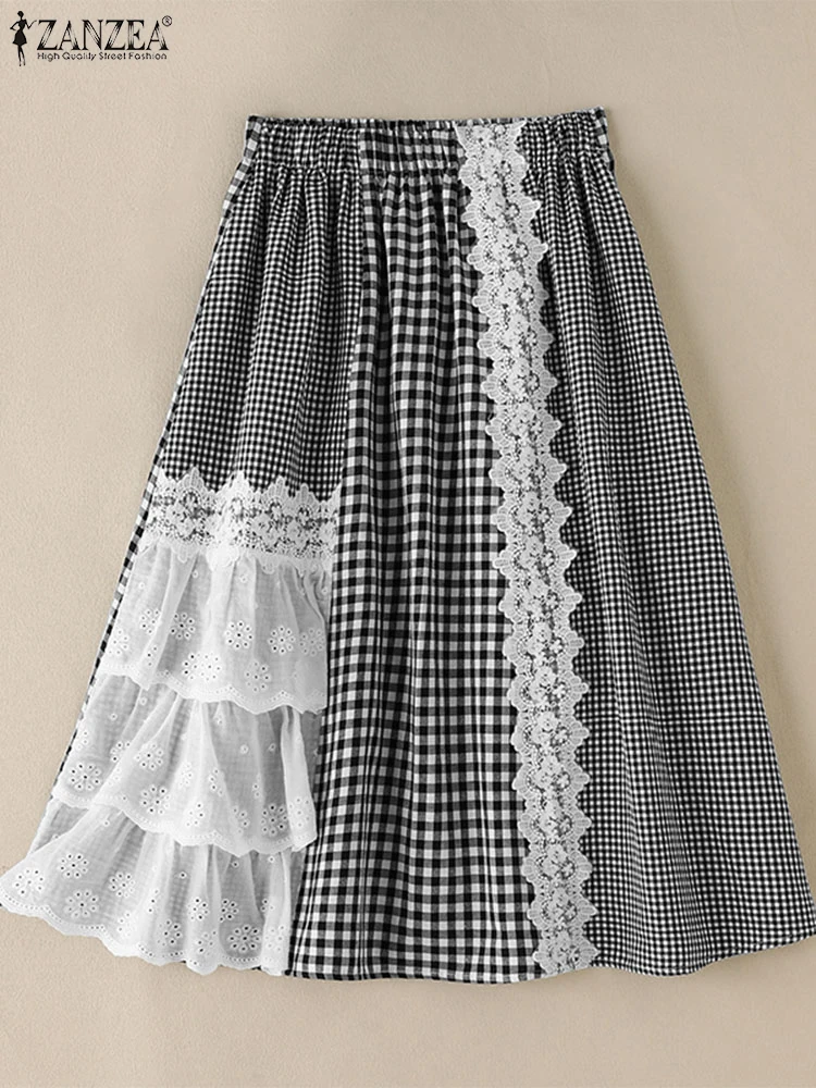 ZANZEA 2024 Women Plaid Skirt Fashion Lace Stitching Multilayer Overskirt Sweety Elastic Waist Jupes Casual Holiday Long Faldas