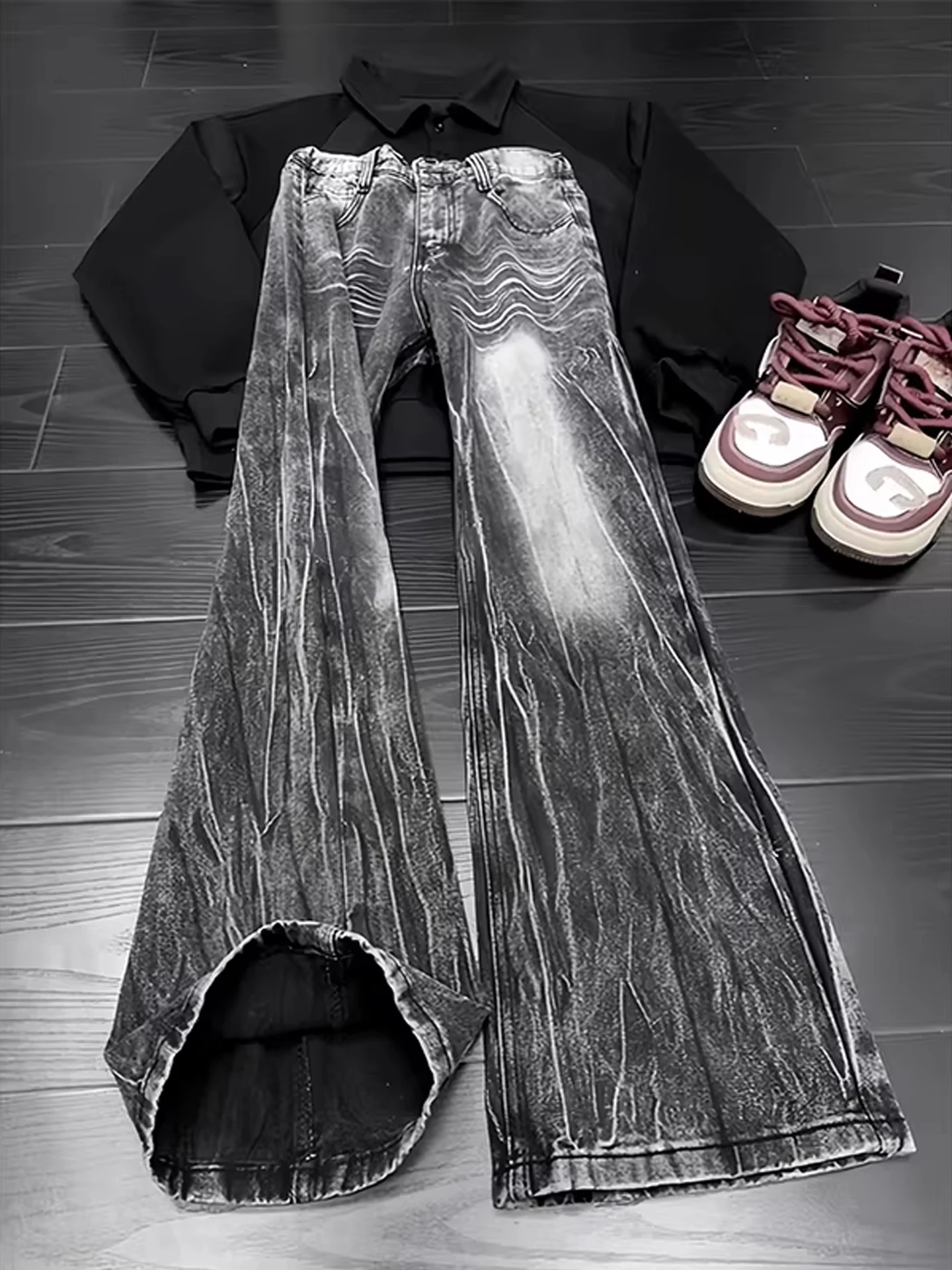 

Black Fleece Lined Denim Jeans Men's Winter High Street Straight Leg Lengthening Slimming Micro Flared Pants Lightning Pattern