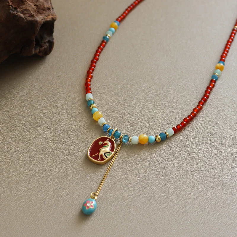 

【Mirrordust】Винтажное универсальное двустороннее ожерелье из бисера с каплями масла пони из натурального камня для женщин, высококачественная цепочка на ключицу