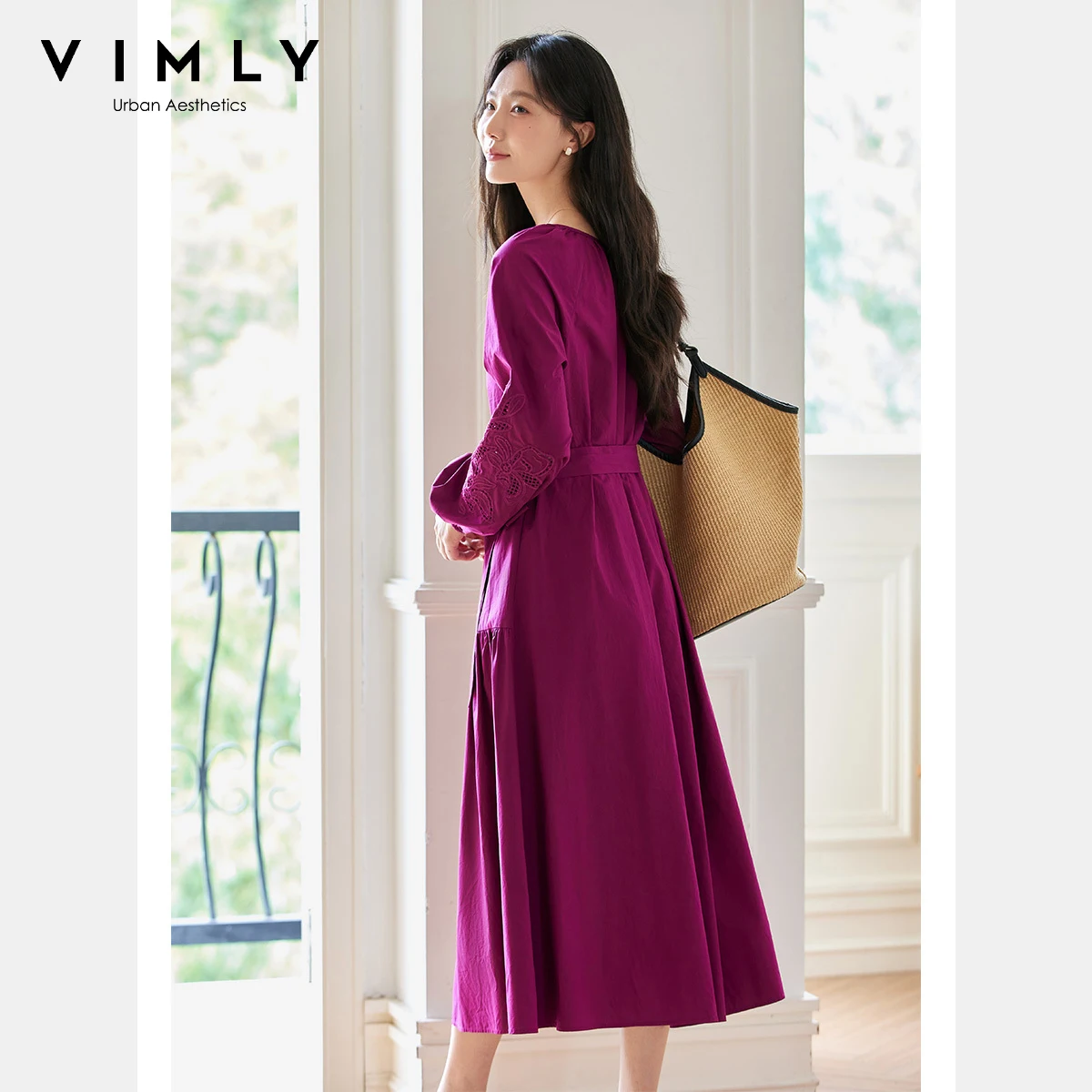 VIMLYชุดยาว 2025 ผู้หญิงฤดูใบไม้ร่วงElegant Partyผ้าฝ้ายปักHollow OutชุดรอบคอA-Line LadyชุดA2013