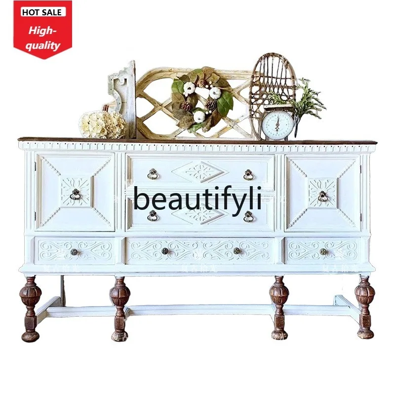 

Solid Wood Carved Entrance Cabinet American Retro Sideboard Wall-Mounted Decorative Storage Cabinet