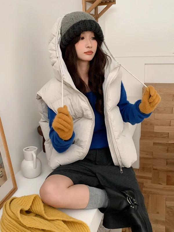 

Winter 2025 Women's Warmth Puffer Vest ort Loose Fit Hooded Jaet Korean Sle Faionable Cact Size Bubble Coat