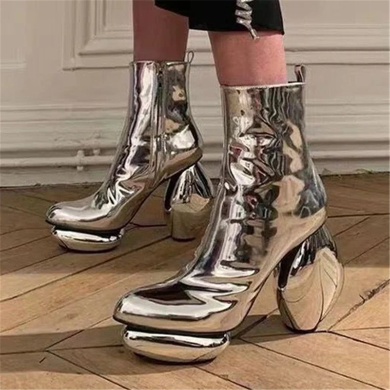 

Gothic Silver Patent Leather Women Ankle Boots Strange High Heel Short Booties Thick Sole Platform Botas Designer Shoes