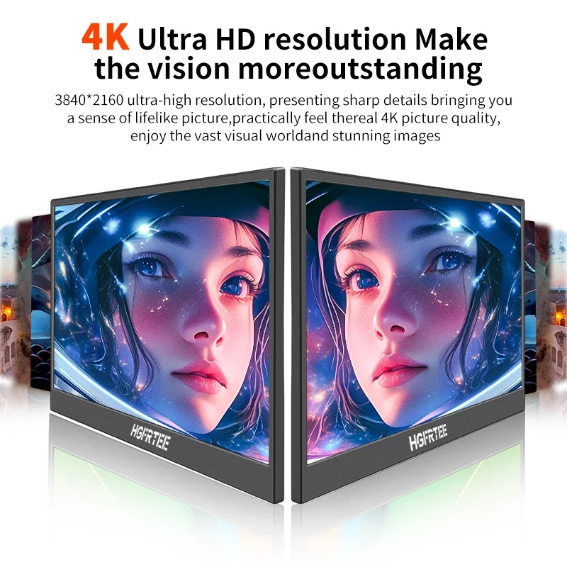 HGFRTEE 3840*2160 13.3inch 4K Portable Monitor 100%sRGB 350Cd/m² Second Screen for MAC/Laptop/PC/Xbox/PS5/Switch