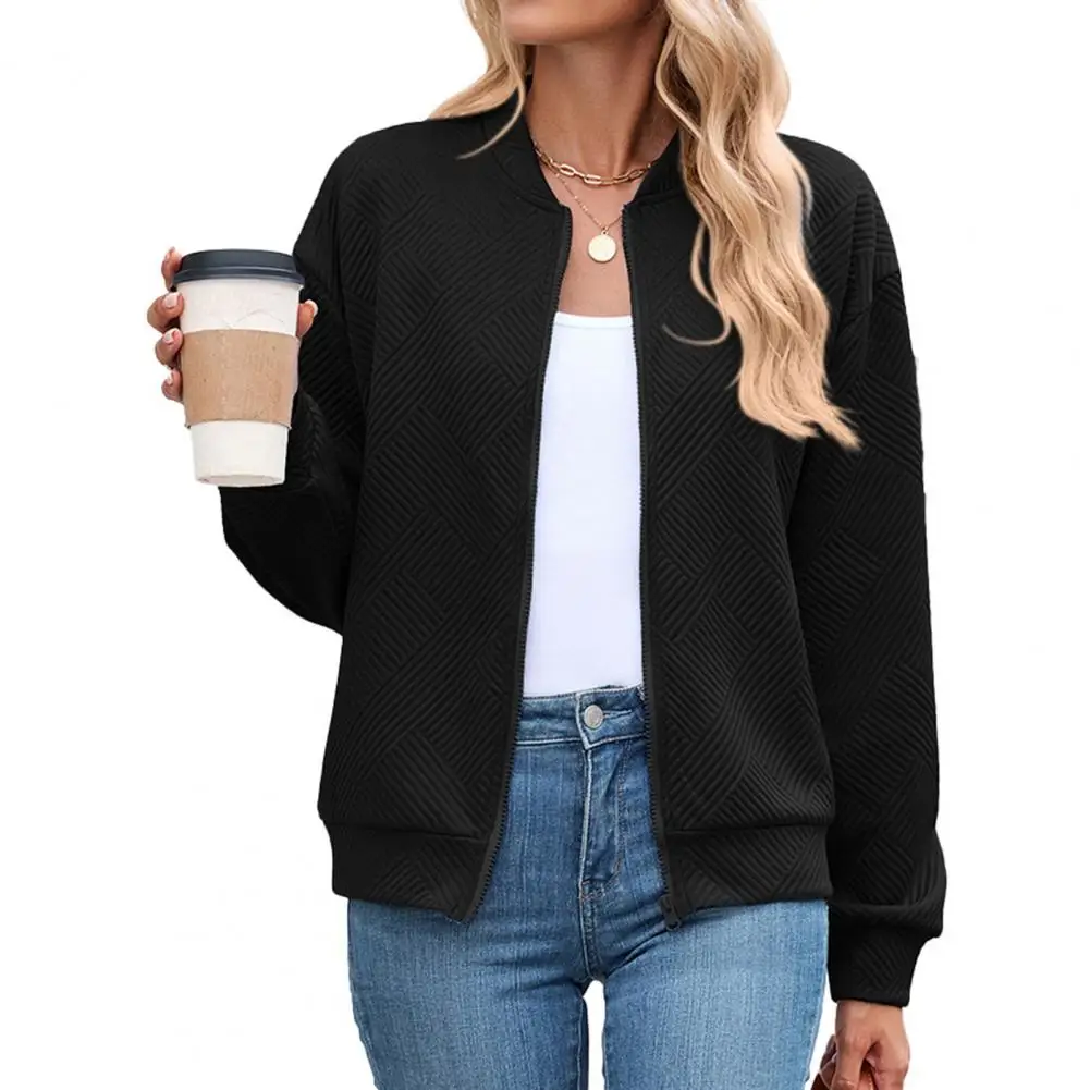 Solid Color Women Coat Women’s Stand Collar Baseball Jacket Long Sleeve Sport Outerwear with Zipper Closure Solid for Wear