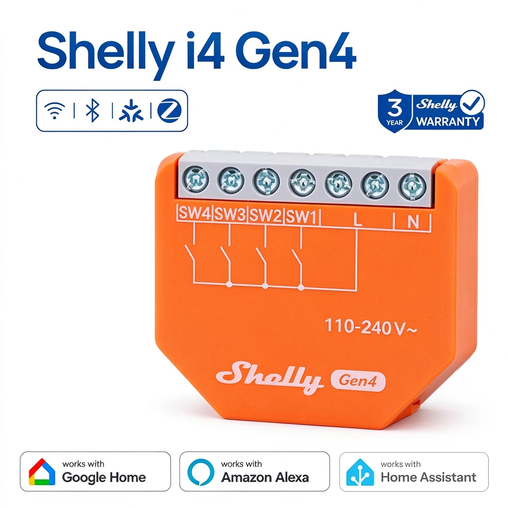 Shelly i4 Gen4 Zigbee Smart 4-Channel Matter Input Controller Remote Monitoring Scene Triggers Local Web UI Fits Behind