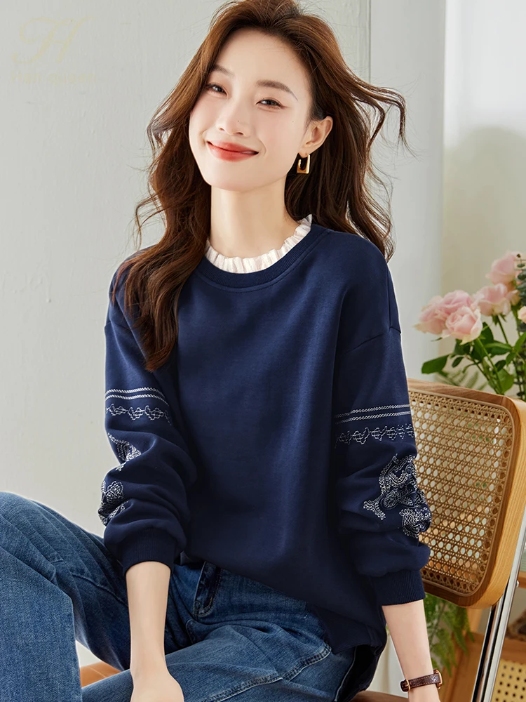 H Han Queen Autumn T-Shirts Vintage Embroidered Lace Office Sweatshirt Female O-Neck Tops Long Sleeve Casual Women Loose Tees