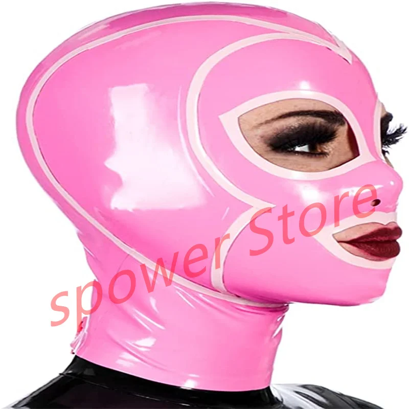 

Natural Latex Full Head Latex Hoods Rubber Mask Fetish Cosplay Costumes Pink with White Trim Back Zip Club Wear