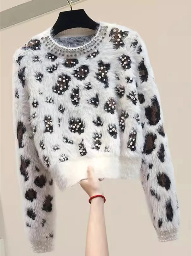 

Pearls Vintage Mink Knit O-Neck Long Sleeve Pullover Women's Sweater Female Sweaters Woman Clothing Fashion