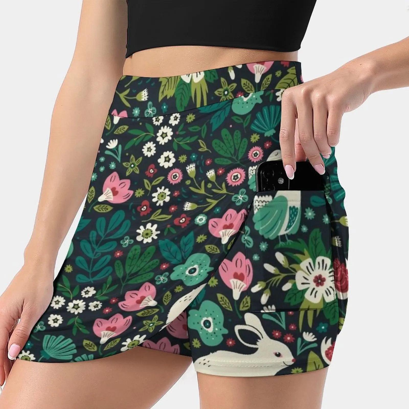 Forest Friends กระโปรงสตรีกีฬา Skort กระโปรงกระเป๋าแฟชั่นสไตล์เกาหลีกระโปรง4Xl กระโปรงกระต่ายนกป่ารูปแบบ