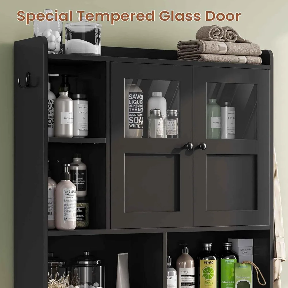 Itaar فوق خزانة تخزين المرحاض، منظم الحمام فوق المرحاض مع أبواب زجاجية وحامل ورق المرحاض، مساحة منزلية-S