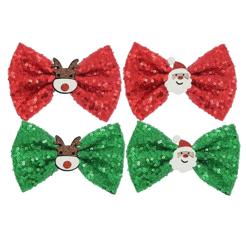 Hot Sale Christmas Festival Cute Sequin Hand Craft Bow With Santa Hair Clip For Kids Girls