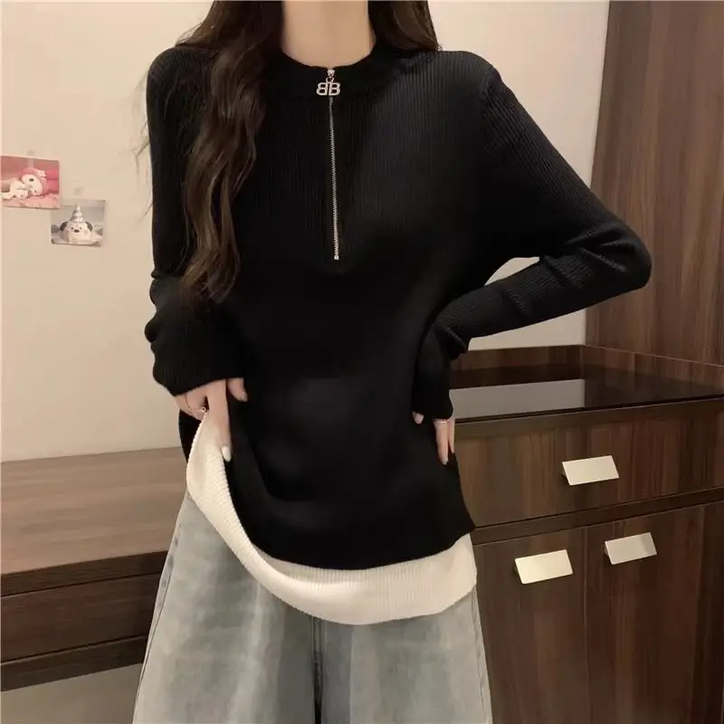 2024 Women\'s Design Half Open Collar Autumn Winter New Splicing Zipper Fashion Solid Color Slim Casual Long Sleeve Knitted Top