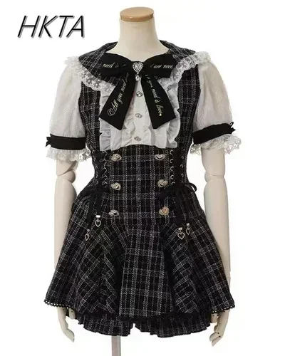 

Japanese Mine Mass-Produced Short-Sleeve Shirt Dress Shorts Set Women Sweet Liz Doll Collar Bow Tweed Dress Two-Piece Suit Girl