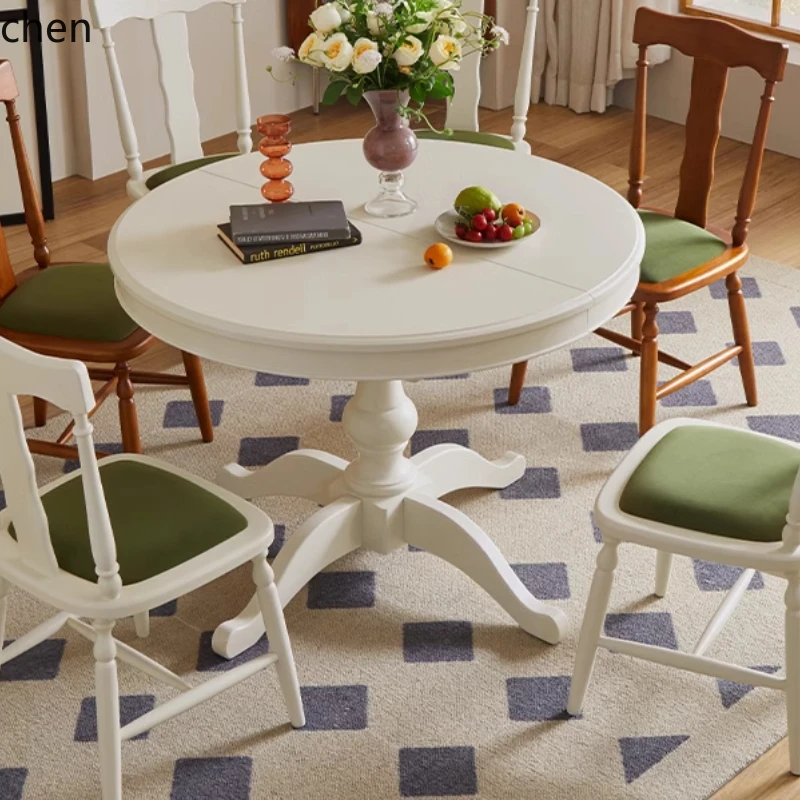 

HXL Suyin new French retro home dining table retractable high-end round solid wood function table