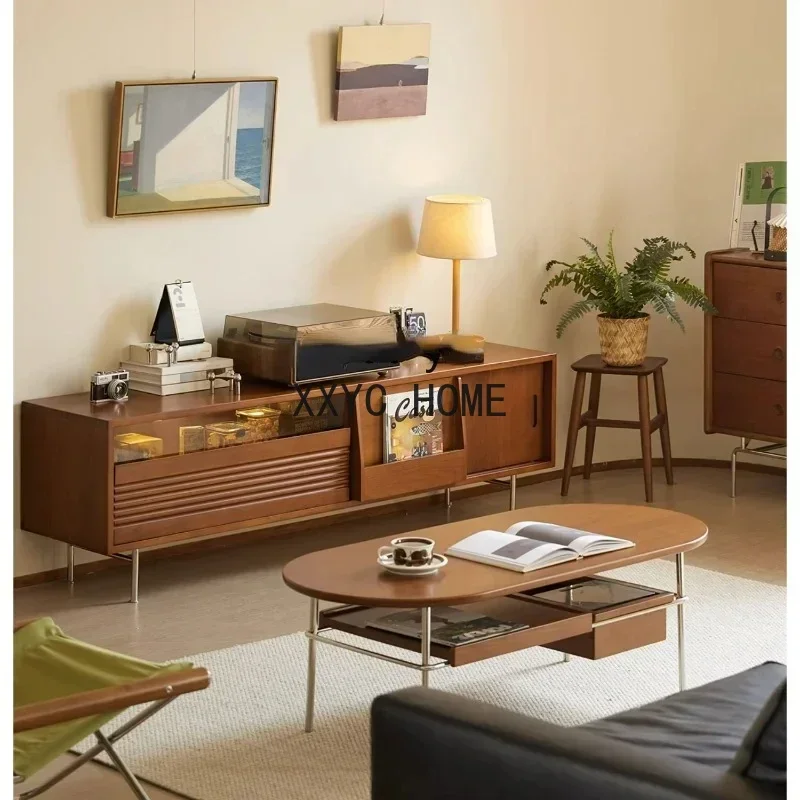 

Retro Solid Wood Japanese and Nordic Style Sliding Door Wall Cabinet Combination Small Apartment Living Room High Leg TV Stand