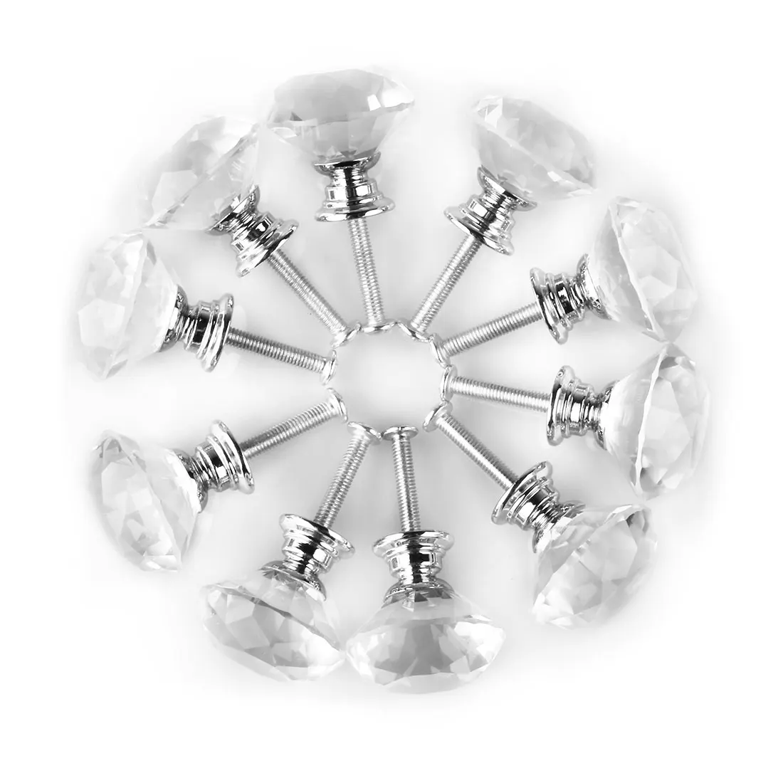 10pcs Diamond Shape Crystal Glass 30mm Kitchen Cabinet Door Drawer Knob Cupboard Dresser Wardrobe Pull Handle with Screws, Clear