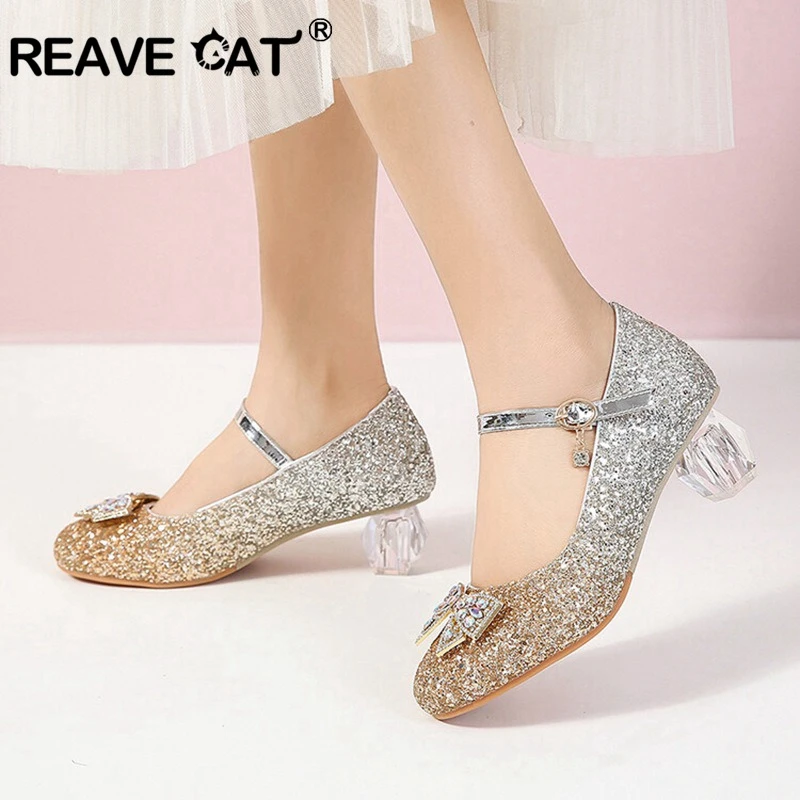 REAVE CAT Women Princess Pumps Janes Bow Blue Sequins 5cm Heel Glitter Colorful Big Small Size 28 43