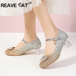 REAVE CAT Women Princess Pumps Janes Bow Blue Sequins 5cm Heel Glitter Colorful Big Small Size 28 43