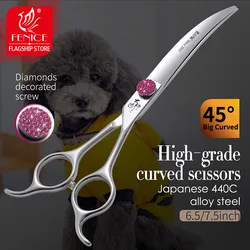 Fenice Super Curvo Pet Scissors, Pink Diamond Parafuso, Dog Grooming Scissors, Dog Trimming Shear, Pet Esteticista, 45 °, 6,5 7,5