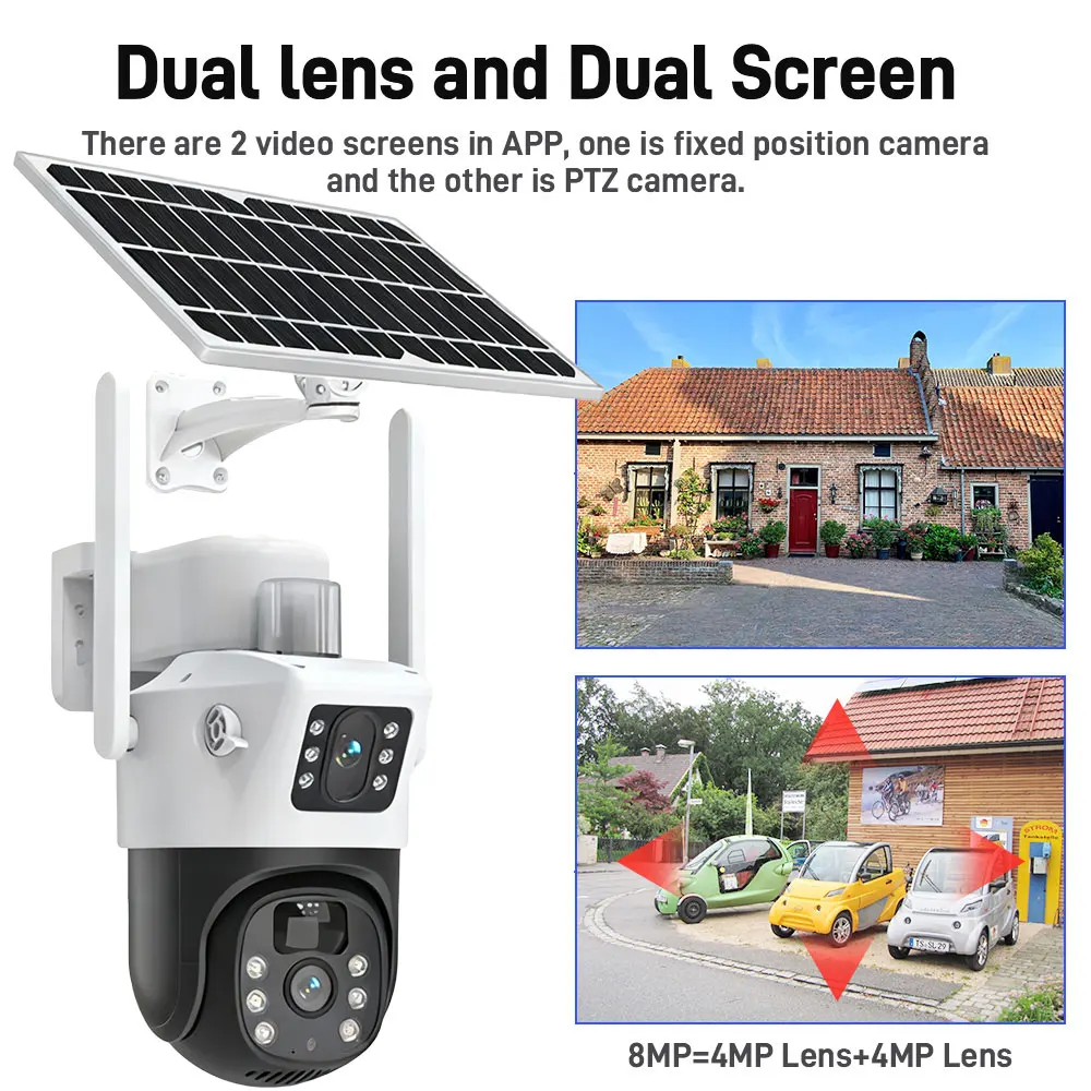 8MP 4K WiFi Solar Camera Dual Lenses Outdoor Low Power Battery IP Camera Full Night Vision Motion Detection Security Camera
