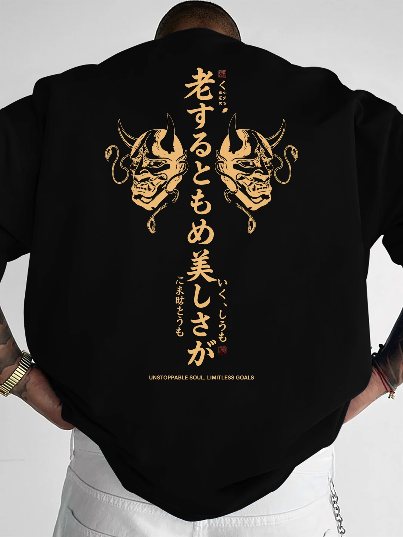 

Apanese Oni Mask Kanji Print T-Shirt Red Golden Streetwear Tee with Japanese Text Loose Fit Summer Shirt for Anime Fans