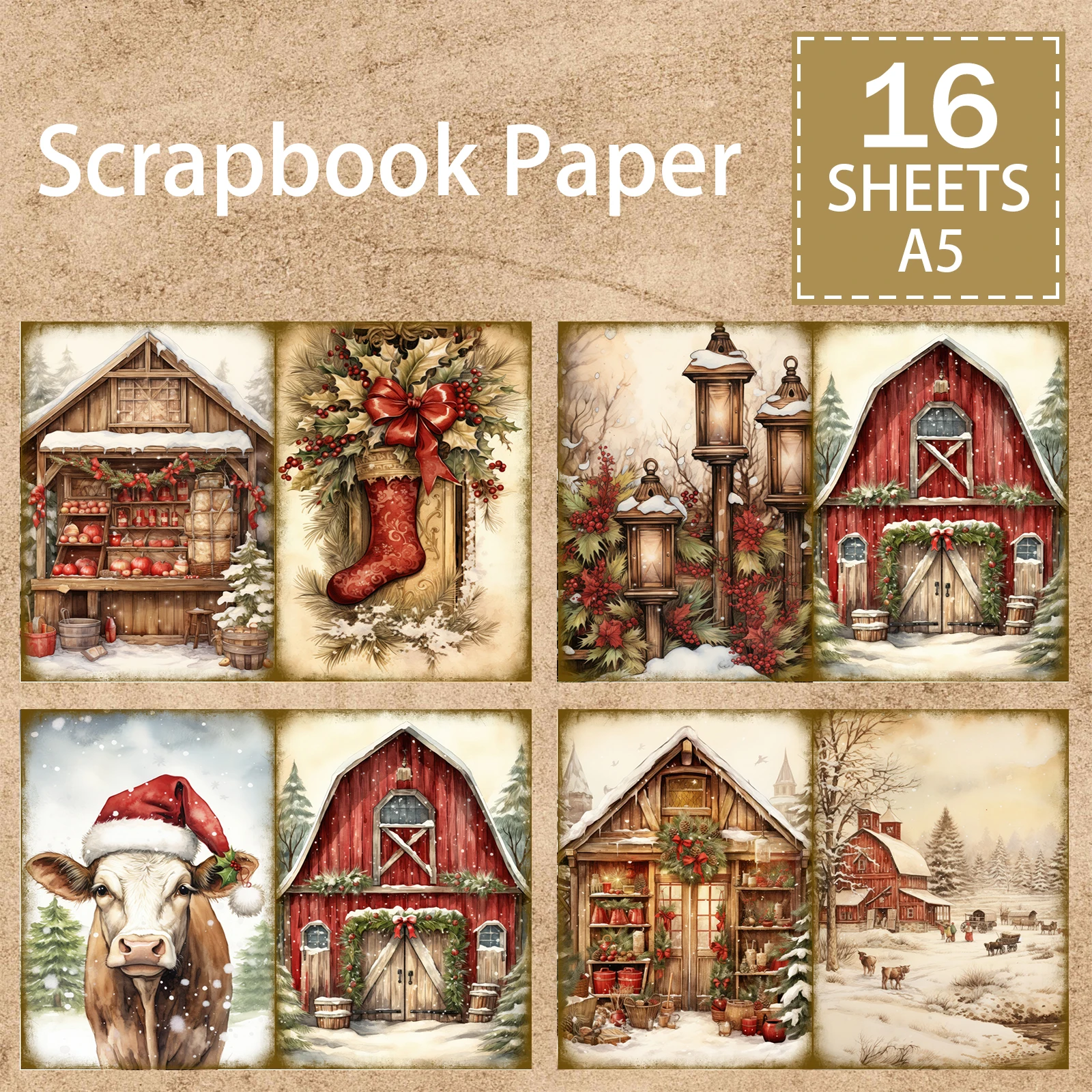 16 Sheets A5 Size Christmas Santa Claus Ranch Farm Background Vintage Grunge Journal Planning Scrapbooking