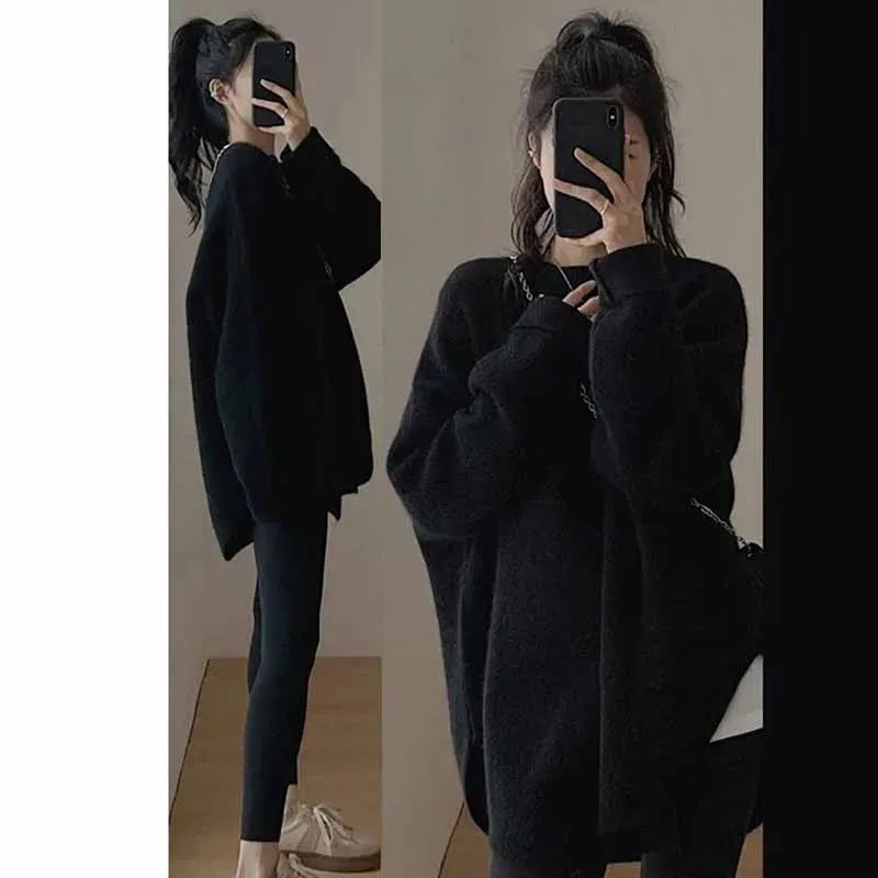 여성용 고급 감각 다용도 니트 베이스 셔츠, 여성 패션 루즈핏 단색 풀오버 스웨터 상의, 가을 겨울