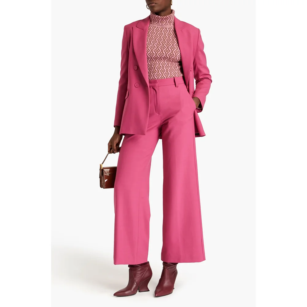 Chic Rose Red Double Breasted Peaked Lapel Two Pieces(Blazer+Trousers) Formal Evening Office Lady Party Customized Set