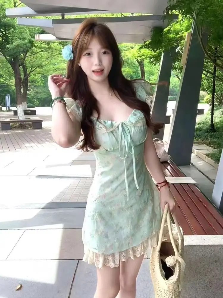 Fashion Elegant Warm Sling Print Dress Vintage Sweet Lace Up Sleeveless Green A-line Dresses Summer Chic Slim Thin New Outfits